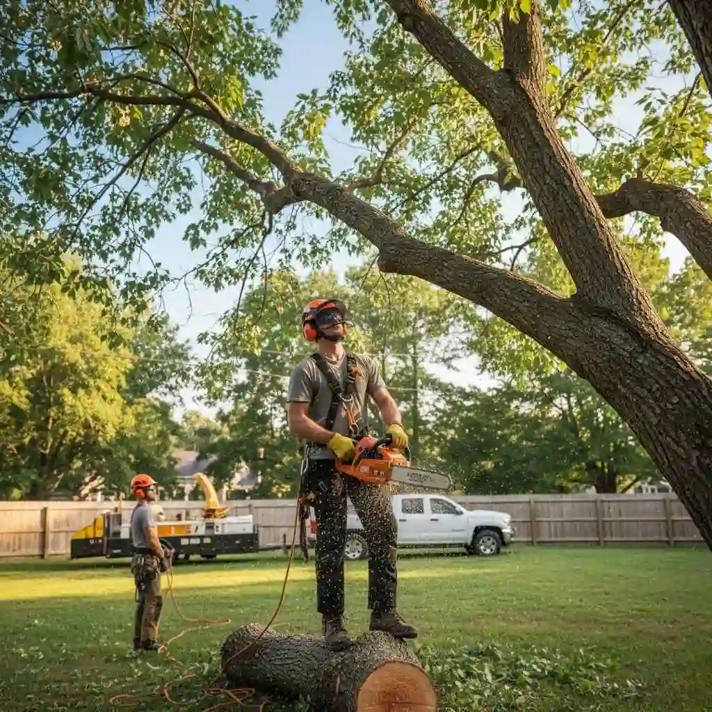 Arborist wearing safety gear removing tree