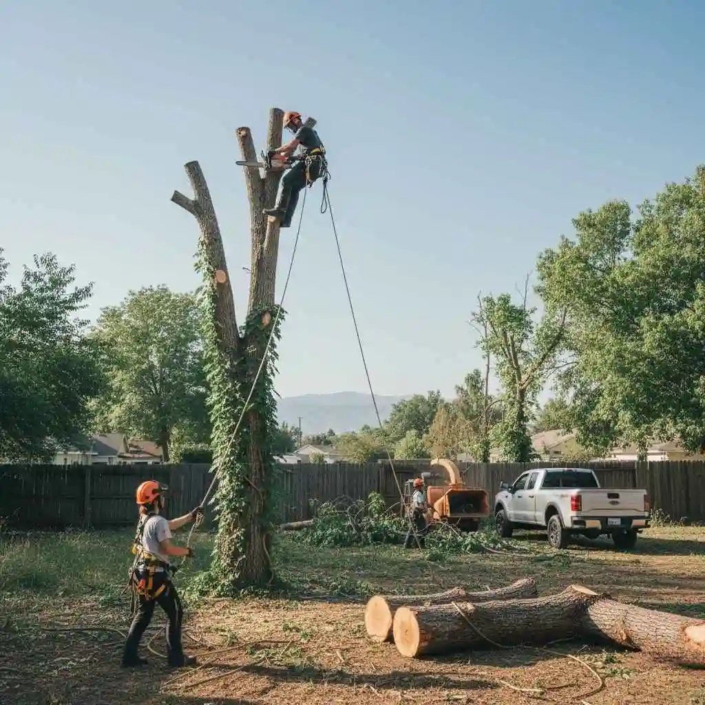 Tree removal crew cutting down invasive tree