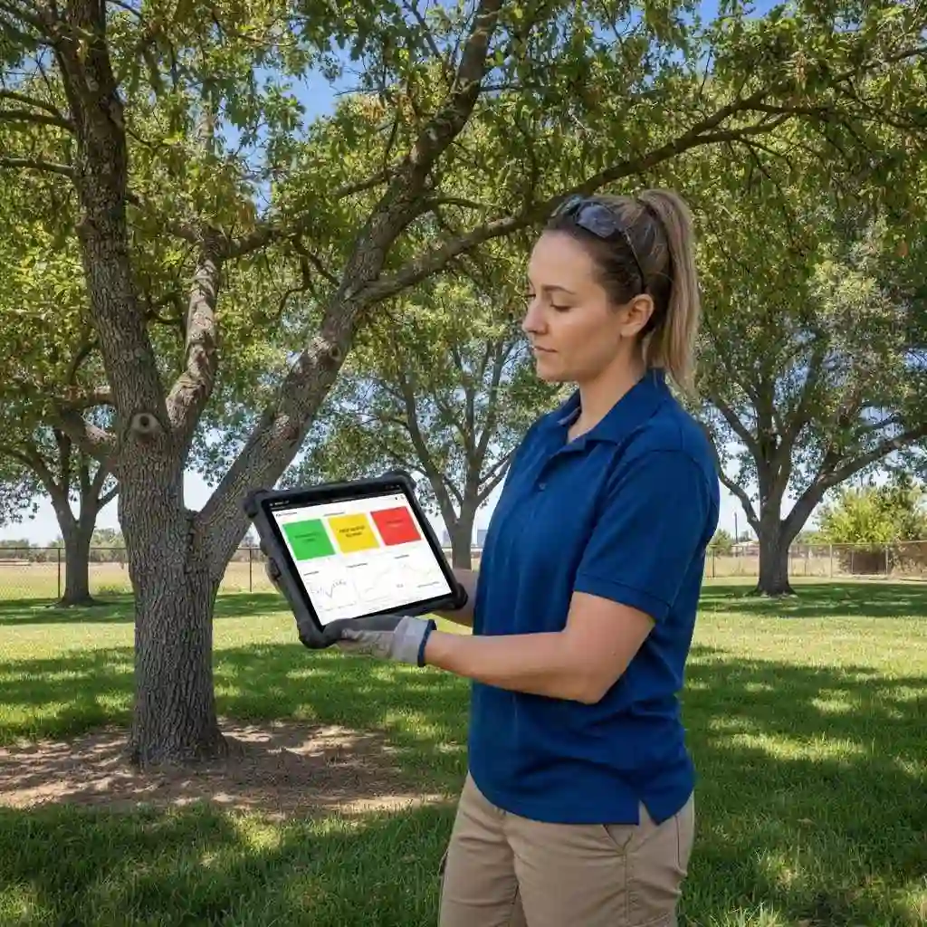 arborist reviewing soil test report on tablet