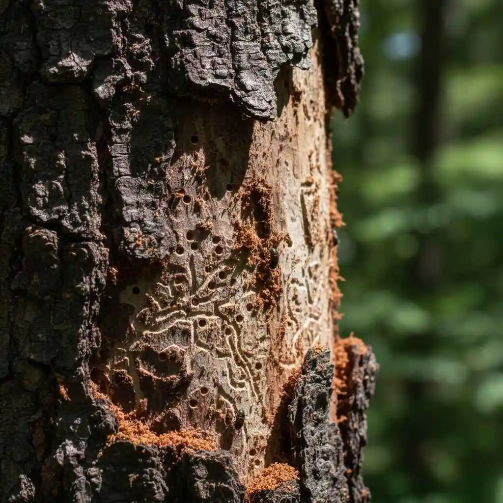 bark beetle damage on tree trunk