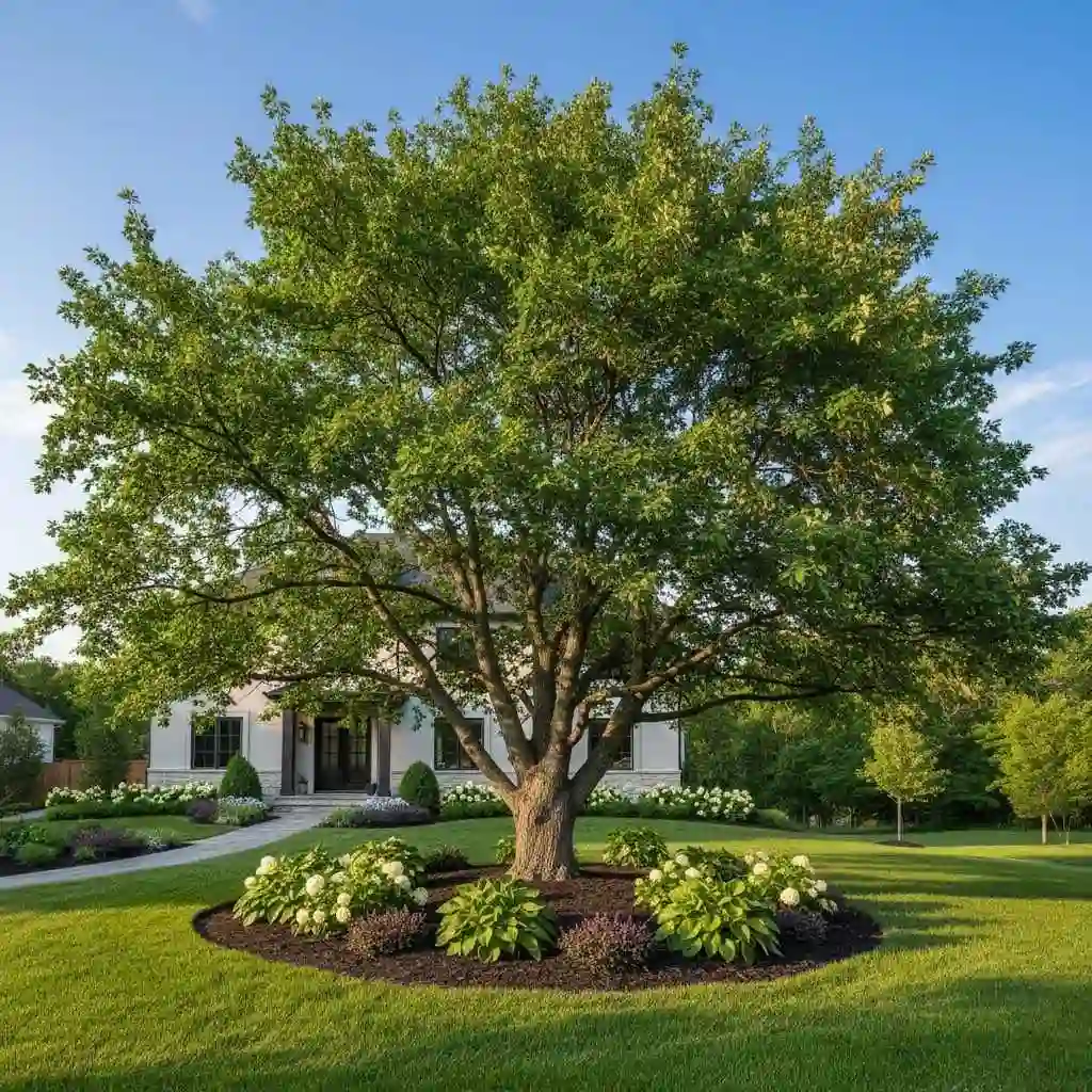 healthy mature shade tree in landscaped yard
