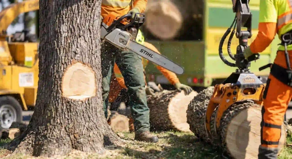  crew clearing tree debris and loading into a truck