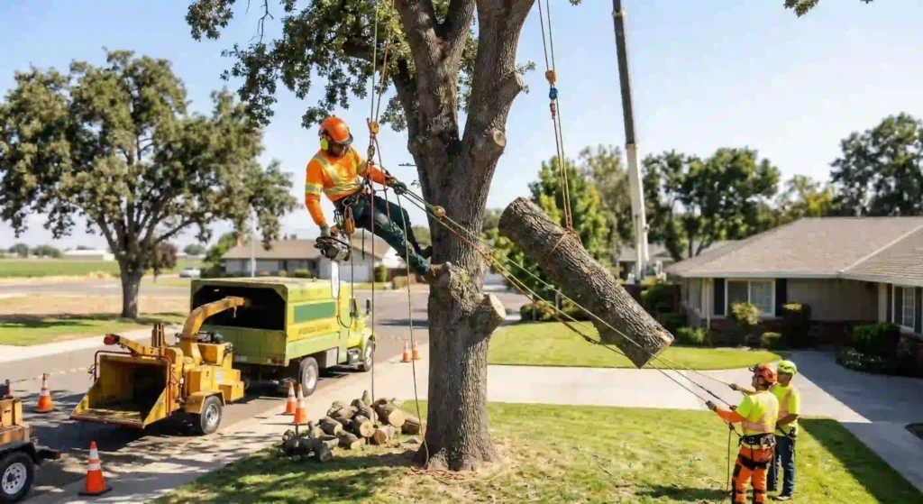 professional arborist cutting down a large tree safely