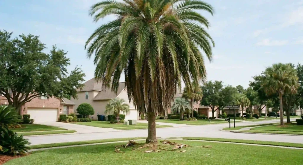 overgrown palm tree before trimming