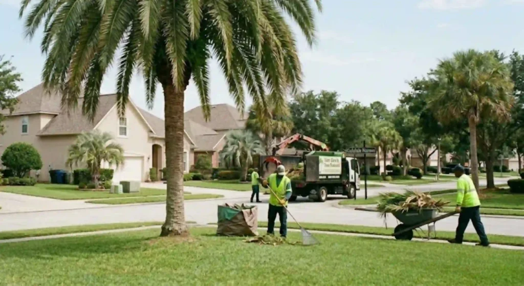 palm debris being removed