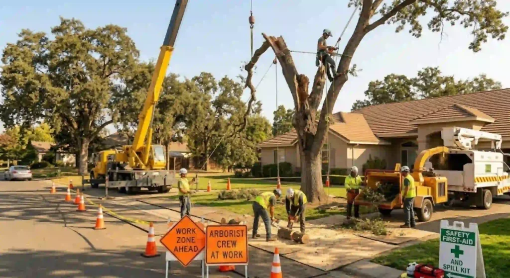 professional crew removing a tree with safety equipment