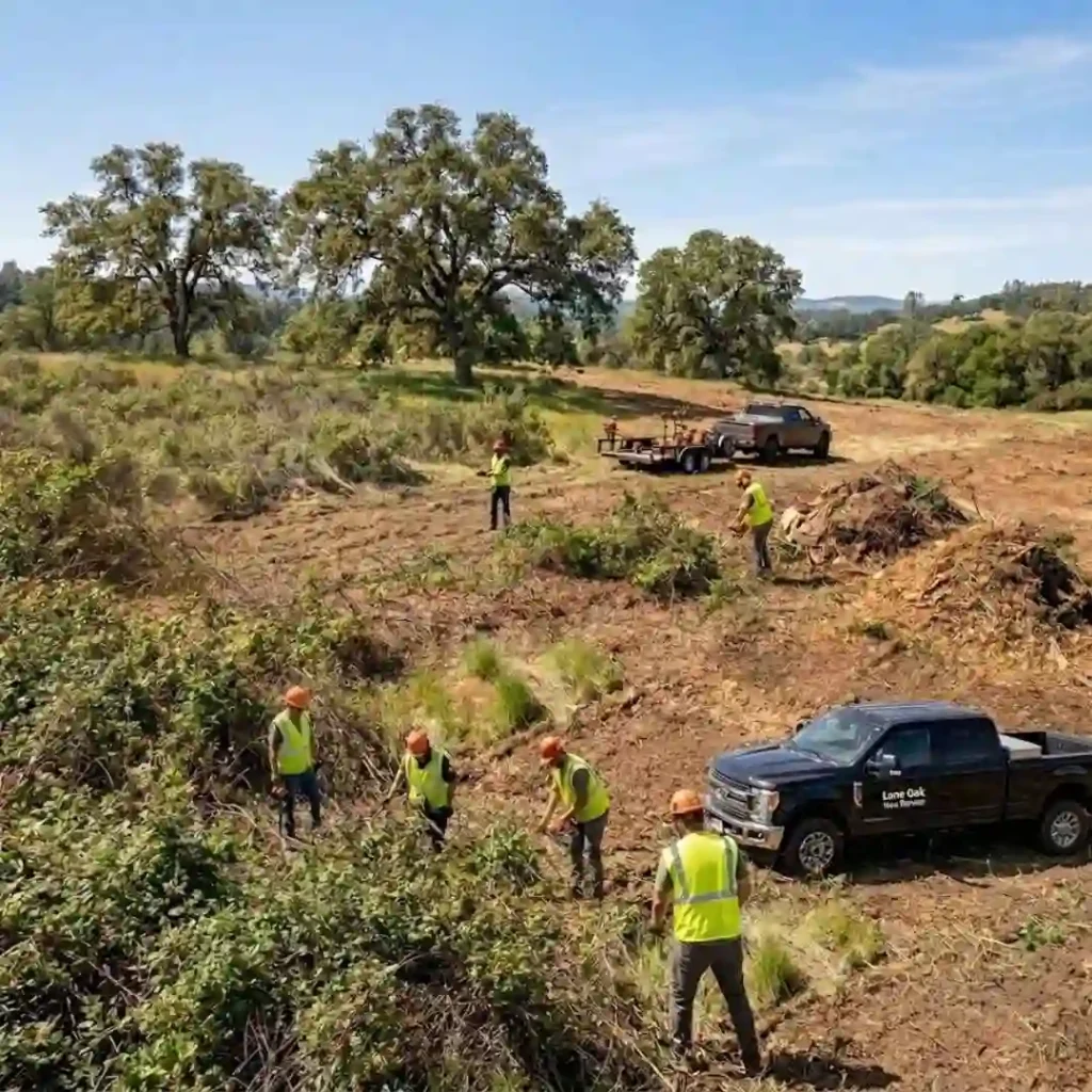 workers clearing dense vegetation