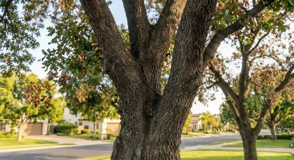 Signs of oak tree disease including dead branches and thinning leaves