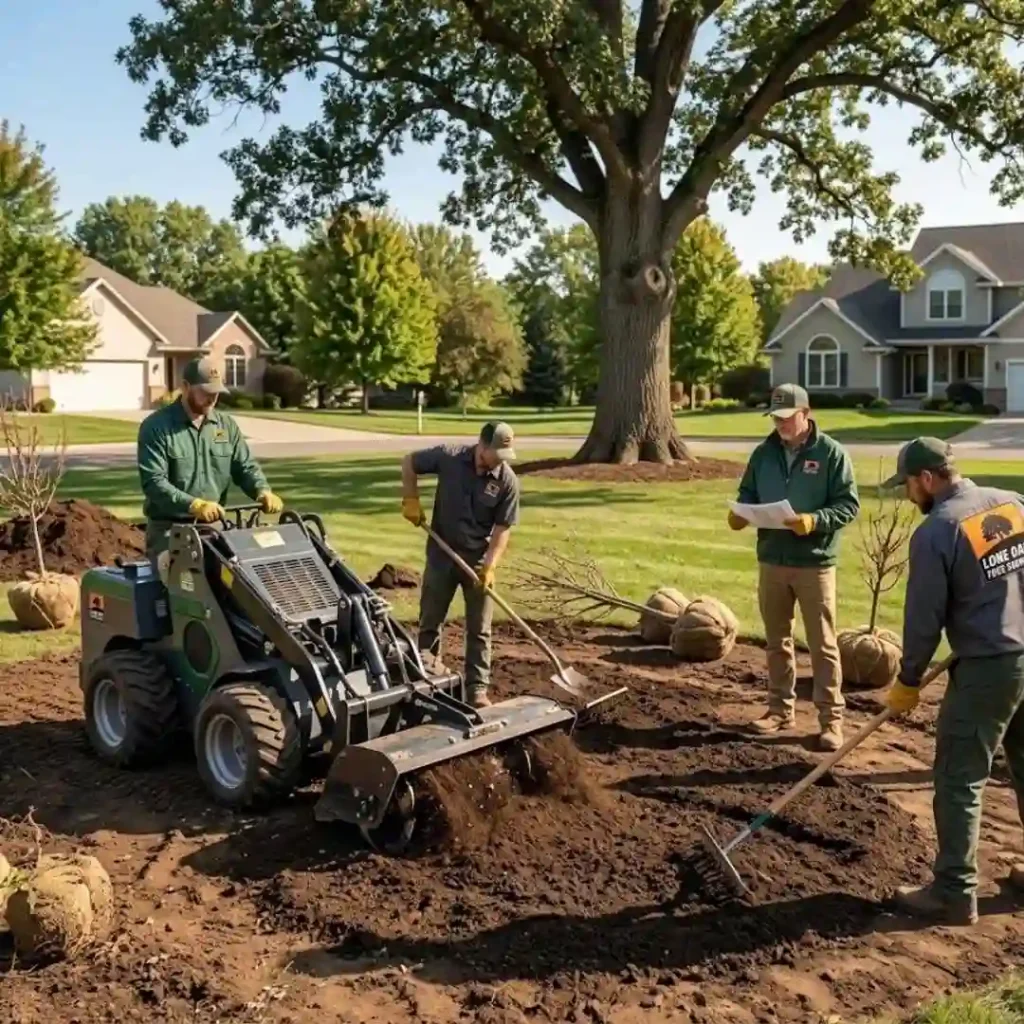 professional tree planting crew preparing soil in an Oakdale residential yard.