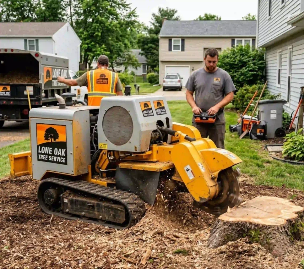 Specialized stump grinding equipment removing a tree stump