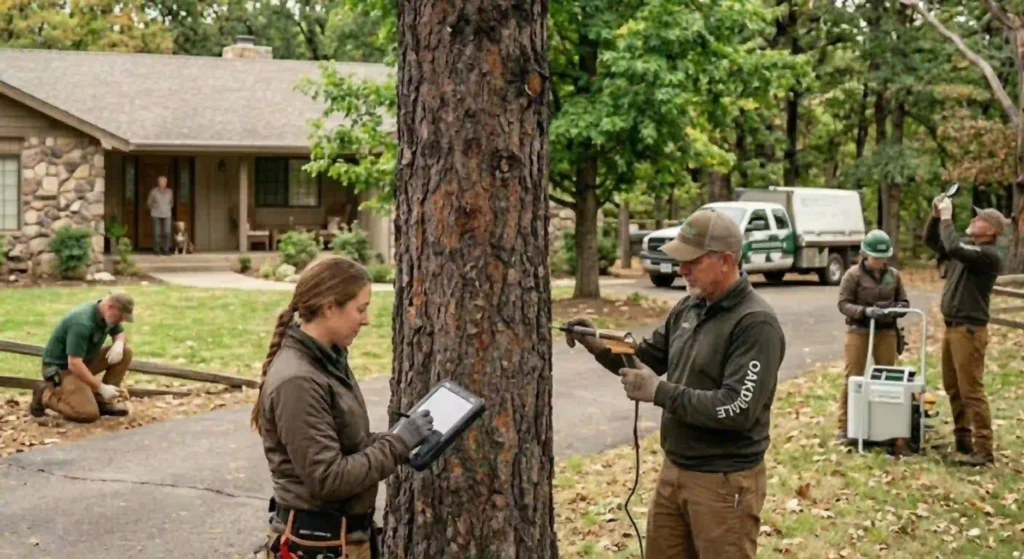Tree specialist performing detailed health assessment on Oakdale property