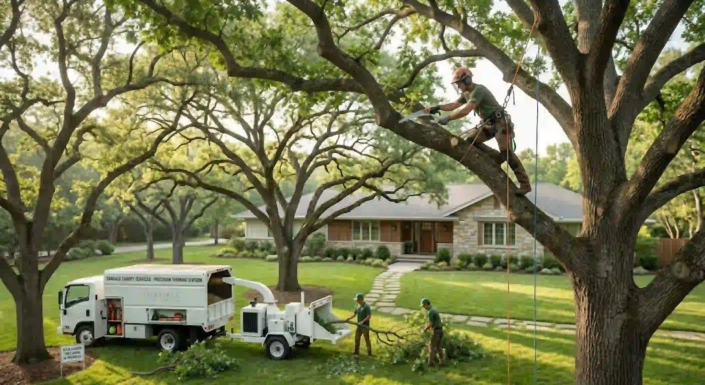 Tree trimming crew performing precision canopy thinning in Oakdale