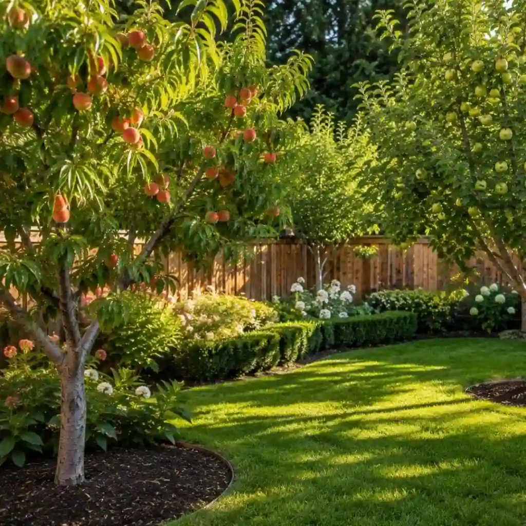Healthy fruit trees in a professionally maintained Oakdale backyard
