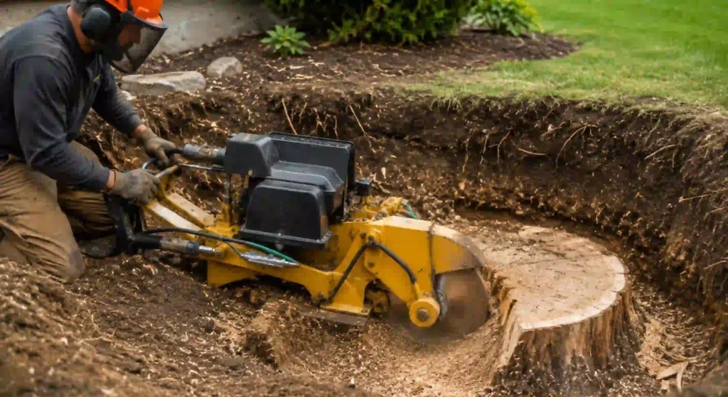 Tree stump grinding below ground level in an Oakdale yard