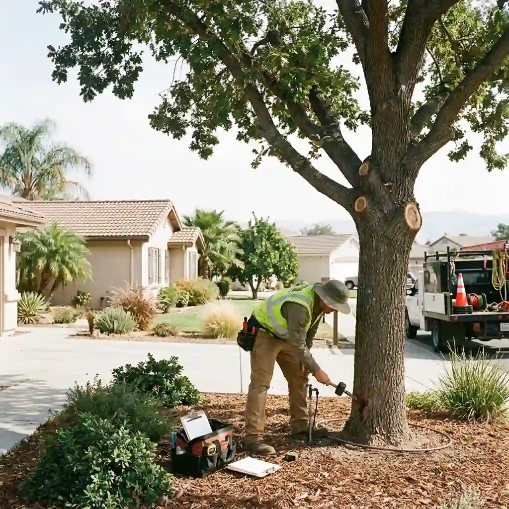 Arborist examining the trunk and surrounding soil during a Central Valley tree health assessment