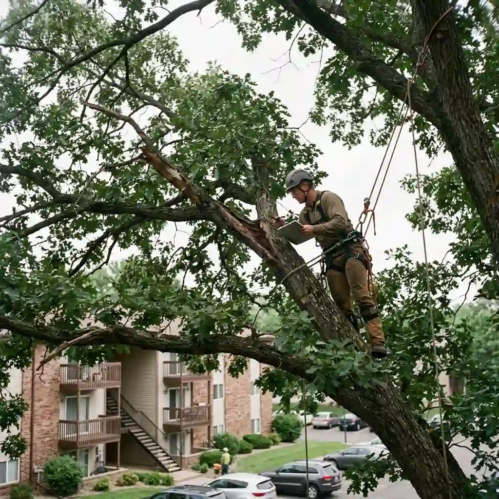 Arborist inspecting tree branches for disease and structural problems at an Oakdale property