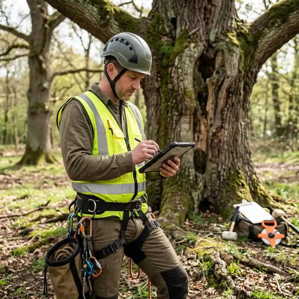 Tree care professional evaluating the health and structure of a residential tree in the Central Valley