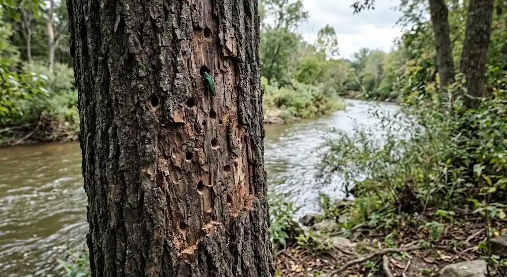 Tree trunk showing potential signs of invasive tree pest damage in Riverbank
